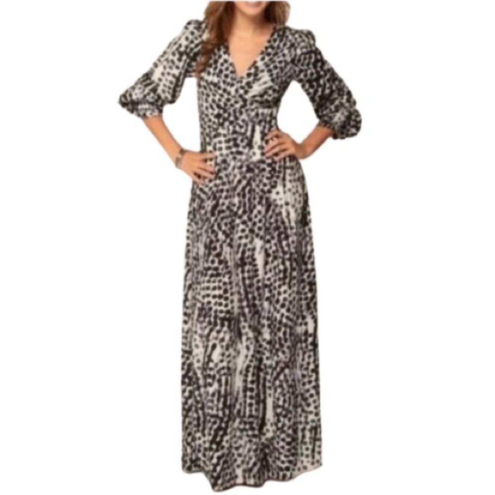 EUC Eliza J Black, White, Gray Animal Print Long Sleeve Maxi Dress- Size 6